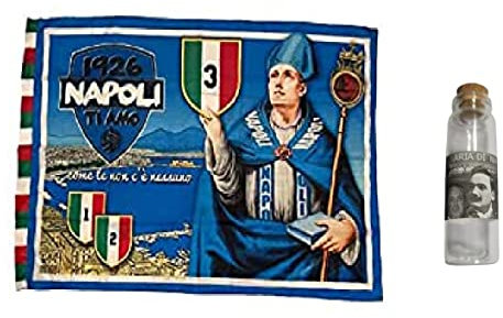 1 BANDIERA 150X100 cm CIRCA San gennaro GOLFO SCUDETTO TRICOLORE + BOTTIGLIETTA 20 ML VETRO ARIA DI NAPOLI PER FESTA SCUDETTO