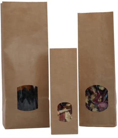 Lacers Blockbodenbeutel aus Natron-Kraftpapier Braun in versch. Größen | Gerippt | OPP Folie | mit Fenster | Geruchsneutral | Standfest | Wiederverschließbar (55+30x170mm, 100)
