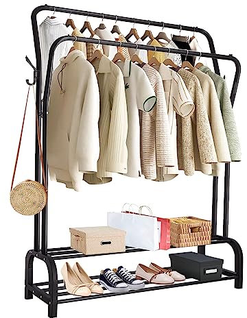 Youyijia Kleiderständer Metall Kleiderstange mit Lagerregal Freistehender Doppelruten Kleiderbügel 146x37x110cm Garderobenständer Trockengestell für Schlafzimmer Waschräume Schwarz