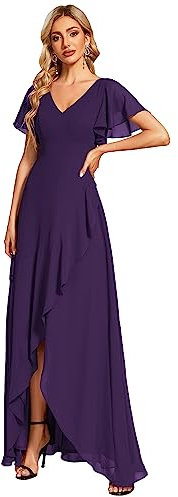 Ever-Pretty Vestito da Damigella Lungo con Volantes con Spacco Scollo a V Maniche Corte Elegante Abito da Damigella Viola Scuro 56