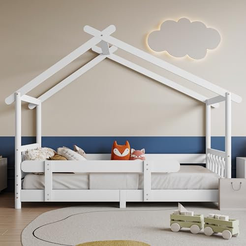 KUAKE Schönes Hausbett 200x90cm, Massivholz mit Gitter und Lattenrost, Mit Rausfallschutz für Kinder und Jugendliche (Weiß, 200x90cm)