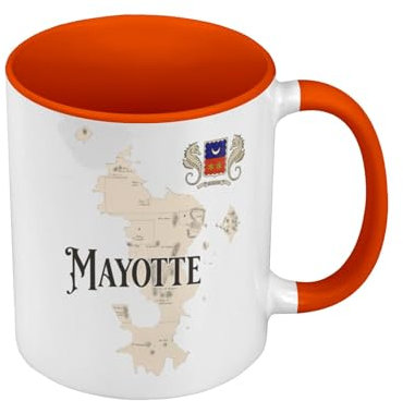 Mug de Couleur Qualité Premium Orange - Mayotte 976 Département Outre Mer Carte Ancienne Rare - Tasse avec anse et intérieur de couleur