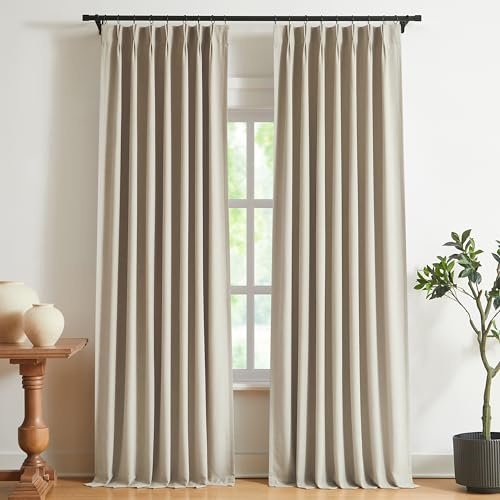 Vision Home Sand Pinch Pleated Full Blackout Curtains Linen Blended Room Darkening Window Curtains 95 inch for Living Room Bedroom Thermal Insulated Pinch Pleat Drapes with Hooks 2 Panel 40 Wx95 L