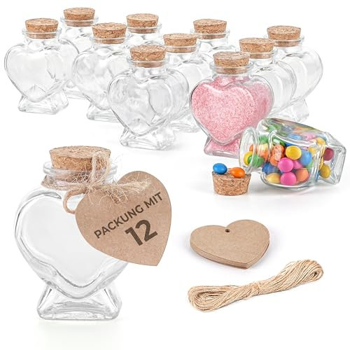 Winter Shore Mini Bouteille en Forme de Cœur de 70 ml Avec Bouchons en Liège, Étiquettes & Ficelles (Lot de 12) - Fiole en Verre Décorative - Petite Fiole Mariage & Message