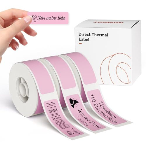 NIIMBOT Etiketten für D110 D11 D101 Etikettendrucker, 12 x 40 mm 160 Etiketten pro Rolle, 3 Rollen Selbstklebender Etikettenband für Zuhause, Büro, Schule, Rosa