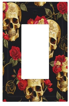 Thsanju Vintage Gold Rose Floral Skull Red/Black Retro Single Rocker Outlet Covers Decorative 1 Gang Receptacle Light Switch Cover Gfci Electrical Wall Plate Dimmer Switchplate for Bathroom Decora