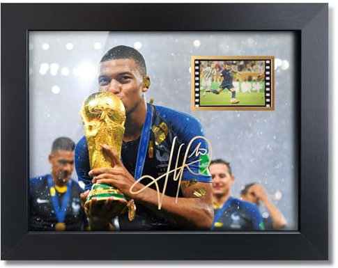 Sufenvera Fußball-Fans Fotogeschenke – Druck signiert Kylian Mbappe gerahmtes Poster, Kylian Mbappe in der Weltmeisterschaft in Katar, Geschenke für Geburtstag, Weihnachten, 20,3 x 15,2 cm