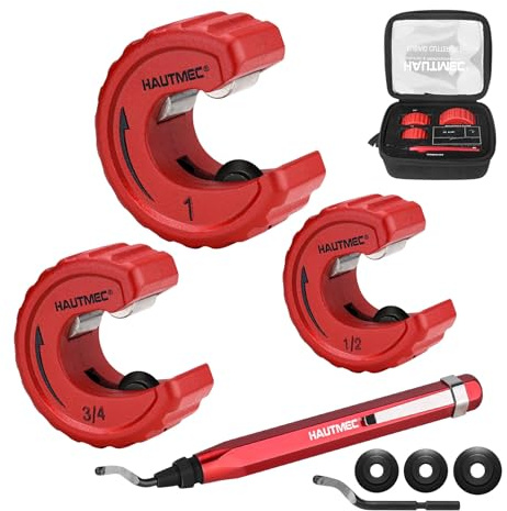 HAUTMEC Copper Tubing Cutter Set 3 PCS Copper Pipe Cutter Tool, In Portable Storage Case, Includes 1/2 in., 3/4 in., and 1 in. Cutters, Reaming Pen, 3 Spare Cutting Wheels, 1 Spare Deburring Blade