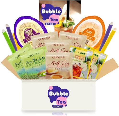 Bubble Tea DIY Set mit Passionsfrucht & Pfirsich Popping Boba - Für 4 Getränke - 15-teiliges Boba Tee Starter Kit - 3 Teesorten (Milchtee, Grüner Tee, Zitronen-Eistee), Fruchtperlen, Strohhalme