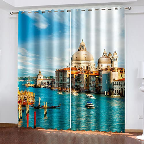 Gardinen Kinderzimmer Blickdichter Vorhang H 140 X B 110 cm 2 Stücke 3D Architektur Meer Himmel Muster Verdunklungsvorhänge Schlafzimmer Wohnzimmer Dekoration Ösenschal Kinder Thermovorhang