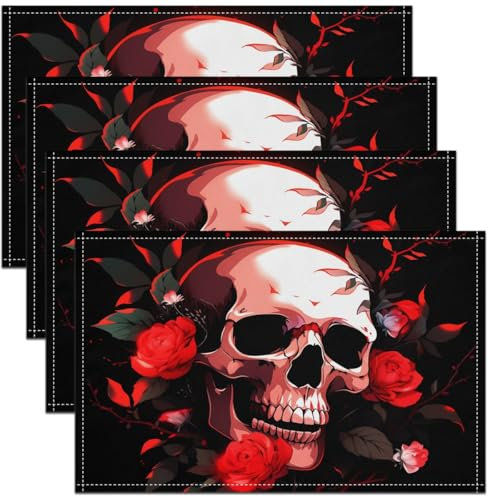 Packung 4 Sugar Skull Tischsets 45Bx30L,Rote Rose Platzmatten,Skelett Knochen Floral Tischmatten,Romantische Ästhetische wasserdichte Tischsets für Kinder Teens Erwachsene,Rot Schwarz