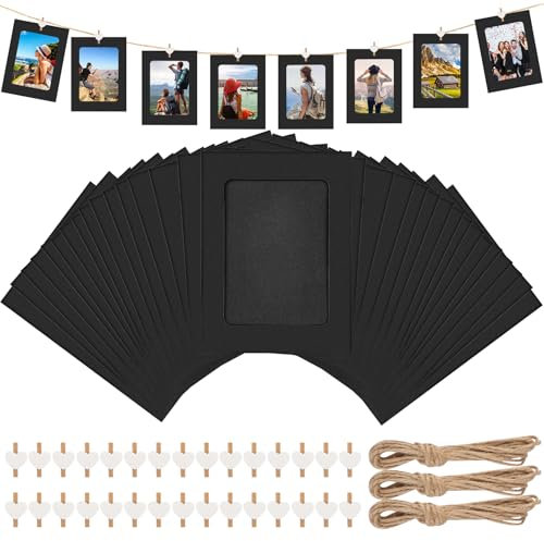AILUYA 30 Stücke Kraftpapier-Bilderrahmen, 11 X 15cm Bilderrahmen Papier Schwarz mit 30 Holzklammern und Hanfseilen, Fotogirlande, Fotos Aufhängen für Geburtstag/Hochzeit/Jubiläum DIY (Schwarz)