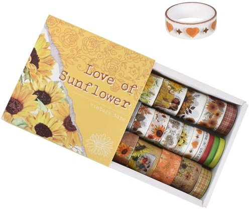 Cleminsta 20 Rollen Retro Washi Tape Set, Vintage Pflanze Blume Scrapbook Zubehör Set, Masking Tape Dekoratives Klebeband für Scrapbooking, Bullet Tagebuch, Geschenkverpackung (Sonnenblume)
