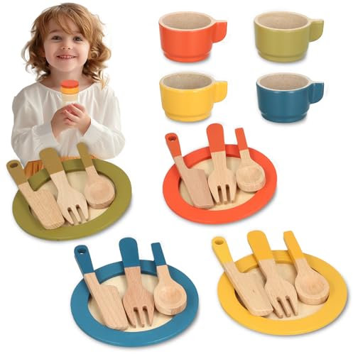 Wooden Tea Set for Toddlers, 26pcs Wooden Kitchen Toys Plates and Cutlery Set, Kids Pots and Pans Playset Kids Role Play Toys Gift for Toddlers Girls Boys Age 2 3 4