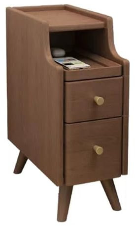 Table de chevet en bois avec étagère coulissante et 2 tiroirs pour économiser de l'espace - Table de chevet étroite pour chambre à coucher, salon - Couleur noyer - 20 cm