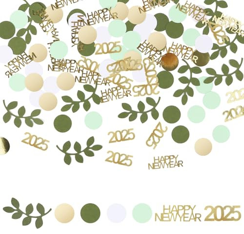 Konfetti Silvester Deko 2025 - 200 Stück Streudeko, Happy New Year Grün Gold Tischdeko, Neujahr Neujahrsdeko
