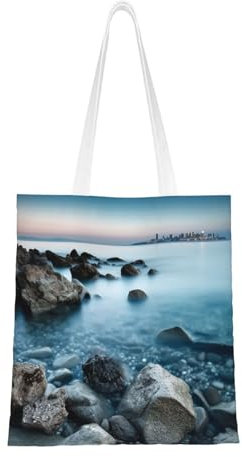 MMSJSBVY Einkaufstaschen aus Kuhfell mit Herzen, wiederverwendbare Einkaufstaschen aus Segeltuch für Shopping, Schule und Arbeit, Calm Sea and Rocks, Einheitsgröße