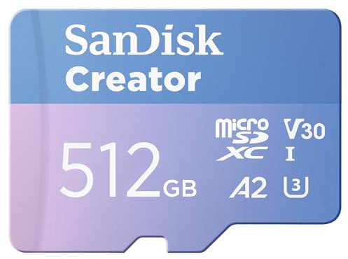 SanDisk Creator microSDXC UHS-I Speicherkarte 512 GB + Adapter (Für Smartphones, Kameras und Drohnen, 5.3K & 4K, A2, C10, V30, U3, bis zu 190 MB/s Übertragung, inkl. 3 Monate Adobe Lightroom)