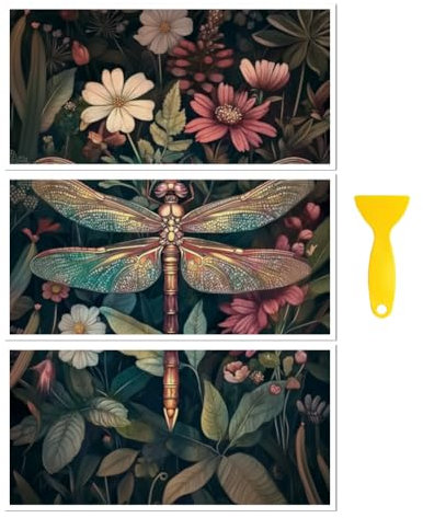 Peacoblue Rub on Transfer Decal Sticker for Furniture Craft Decor 15x30cm Vintage Dragonfly and Flowers, 3Pcs Waterproof UV DTF Transfer for Drawer Dresser Glass Porcelain Wood Plastic Window