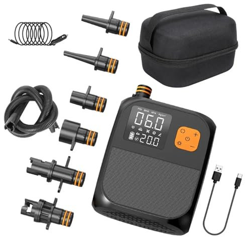 Pompa elettrica Paddle,Pompa ad aria elettrica ricaricabile 20PSI Gonfiatore Sup, con 1 porte USB luci a LED e 6 ugelli gonfiaggio a due stadi Pompa ad aria senza fili per Kitesurf, Tenda, Materasso
