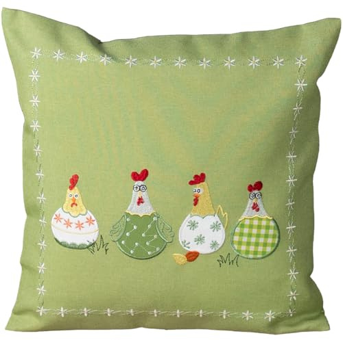 matches21 HOME & HOBBY Kissenhülle Tami 40 x 40 cm mit lustigem Hühner-Motiv grün Dekokissen für Landhausstil & Osterdeko
