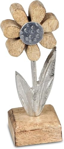 formano Dekorative Holzblume Stehend | 24 & 15 cm | Alu Mangoholz | Modernes Wohnaccessoire & Elegante Innenraumdekoration Silber/Braun stehend (15 cm)