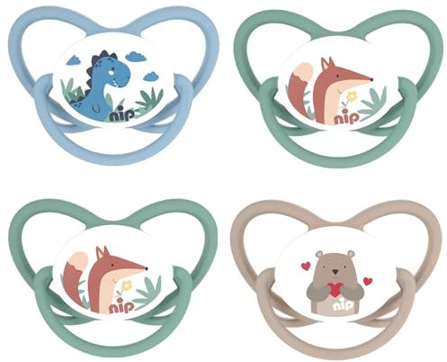 NIP Spar-Set Silikon Schnuller Butterfly 4er Pack, Größe 1 (0-6 Monate) beige/blau/grün, Extra flaches und weiches Saugteil aus Silikon, Kiefergerecht und Stillfreundlich, ab Geburt