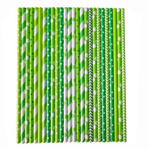 YAOSHENG [100 Count] Paper Drinking Straws 100% Biodegradable Multi-Pattern Party Straws for Birthday, Wedding, Bridal,and More - Formerly Comfy Package (Bright Green Series)