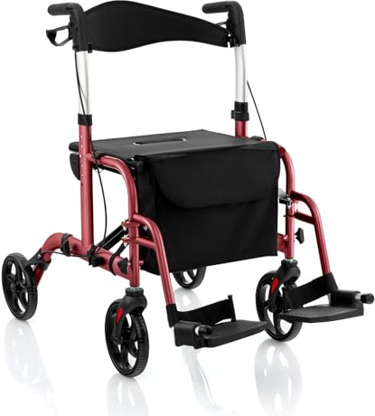 GOPLUS Rollator, 2 in 1 Rollstuhl faltbar aus Aluminium bis 136kg belastbar, höhenverstellbarer Reiserollator leichtgewicht, Gehhilfer Transportstuhl mit Fußstütze für Ältere (Rot)