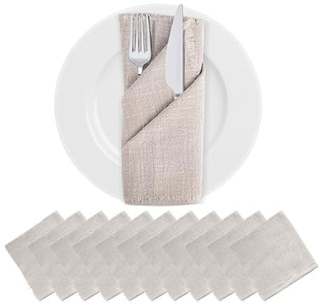 Lotvic 12 Stück Stoffservietten, 42 x 42 cm Servietten Stoff mit 10m Hanfseil, Leinenservietten Wiederverwendbare für Hochzeit Geburtstag, Tischdekoration, Feiern, Abendessen, Cafe, Restaurant (Beige)