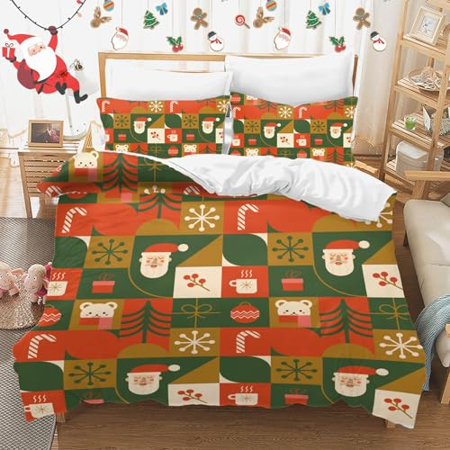 IUNTWEIE weihnachtsbettwäschee,Weihnachtsmann und Elch Schneemann Rot Bettbezug,Weihnachtsdekoration,Weiche Bettwäsche Set mit Reißverschluss (G, 200x200cm)