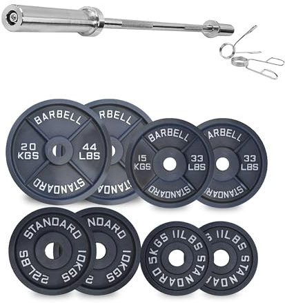 Cast Iron Weight Plates Set 2 Olympic Barbell Home Gym Equipment 1.25kg-25kg Pairs Sets with 5ft-7ft Barbell Strength Training