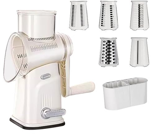 Käsereibe, Reibe für Gemüse mit 5 Trommelblättern, Nüsse Reibe mit Griff und starker Saugbasis, Gemüseschneider für Käse, Gurken, Karotten, usw., mit Aufbewahrungsbox und Reinigungsbürste