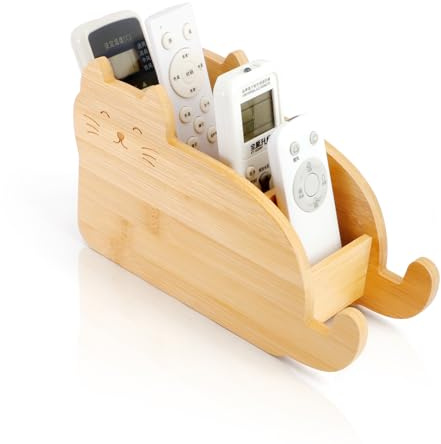 RETON Support de télécommande en bambou avec 4 compartiments, organiseur de stylos en forme de chat mignon, boîte de rangement pour télécommande TV, pour manettes multimédias, pinceaux de maquillage