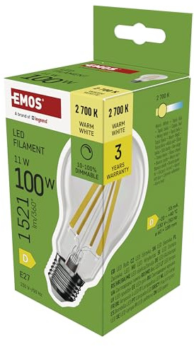 EMOS - Dimmbare Edison LED Lampe Filament A60-11W, ersetzt 100W Glühbirne - Vintage-Stil mit E27 Sockel - Helligkeit 1521 lm, 2700 K - 25000 h Lebensdauer, CRI 80, 320° Abstrahlwinkel - Warmweiß
