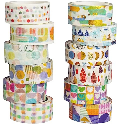 YUBX Washi Tape,12 Rollen Washi Klebeband Set Dekoratives Washi-Tape Niedliche Goldfolie Dekorative Masking Tape für DIY Art & Crafts (Grundmuster)