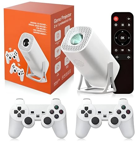 Proyector Portatil con Consola Retro Integrada y más de 30.000 Juegos - Incluye 2 Mandos Inalámbricos - Mini Projector Portable 4k Android 11 y WiFi 6 - Tarjeta Memoria 64 GB - Calidad HD 1080Px720P