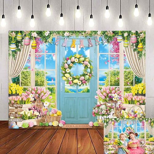 Spring Easter Backdrop Rabbit Colorful Eggs Blue Barn Door Photoshoot Background Spring Bunny Floral Kids Adults Party Decoration Banner Booth Props (7x5FT(82x59 inch))