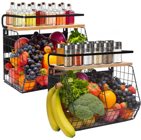 Lermende Magnetregal Kühlschrank 2-in-1 Obstkorb Gewürzregal - 2 Pack | Magnetischer Hänge-Obstkorb & Gewürzregal aus Metall mit Holzdeckel und 4 Haken, ideal für Küche und Waschküche, ohne Bohren