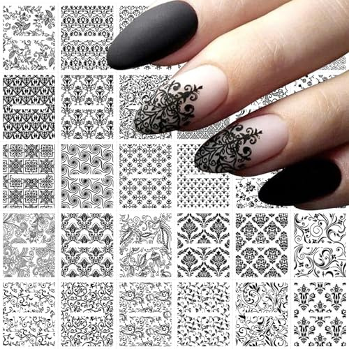 Aribliseza Nagelsticker, 30 Stück, Nail Sticker Selbstklebend, Lace Nails Stickers & Flower Nail Art, Nagelaufkleber für DIY Acryl Nägel Maniküre, Schwarz