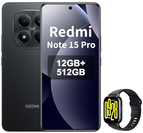 XIAOMI REDMI Note 15 Pro 4G Smartphone da 12+512GB, Batteria da 6500mAh, Fotocamera da 200MP, Display AMOLED FHD+ da 6,77 pollici, Nero, incluso Smart Watch