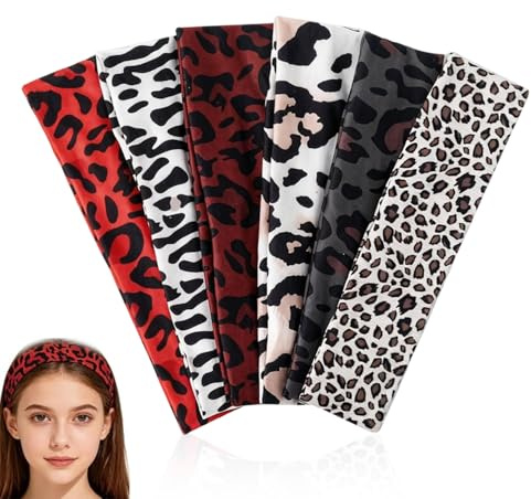 WUMZIRA 6er Pack Stirnband Damen Sport Haarband Leo Muster, Elastische Haarbänder Frauen für Yoga Laufen Fitness, Weiches Headband Damen Breit, Schweißband Damen Sport Accessoires, 23x6cm