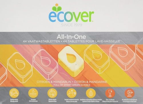Ecover Tablettes Lave-Vaisselle, Nettoyant Tout-en-Un pour Lave-Vaisselle, Convient pour les Peaux Sensibles, Parfum Naturel d’Agrumes, 44 Tablettes