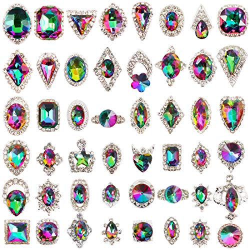 48pcs Big Mix Sizes Different Shapes Colorful AB Iridescent 3D Crystals Diamonds Large Rhinestones Bow Silver Metal Charms Gems Stones for Nail Art Beauty Design Decoration Craft Jewelry DIY