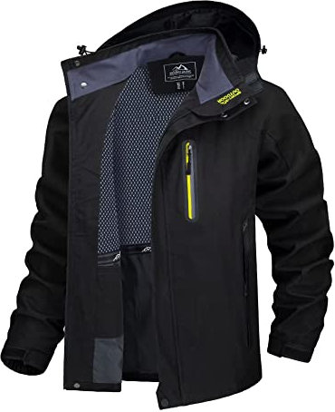 TACVASEN Outdoorjacke Herren Wasserdicht Wanderjacke Freizeitjacke Leicht Übergangsjacke Softshelljacke Funktionsjacke Herbst Jacke Kapuze Regenjacke (L, Schwarz)