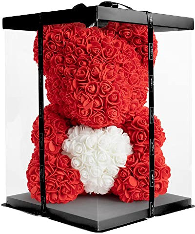 Infinity® Rosenbär Rot 40 cm mit Herz – Handgefertigter Bär mit Geschenkbox & über 600 duftenden 3D-Rosen – Geschenk für Frauen, Geburtstag oder Jahrestag