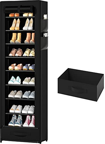 OYREL Shoes Rack 10 Tier Tall Narrow Shoe Rack with Storage Box,Fabric Covered Shoe Organizer for Closets,Stackable Shoe Rack,Shoe Stand