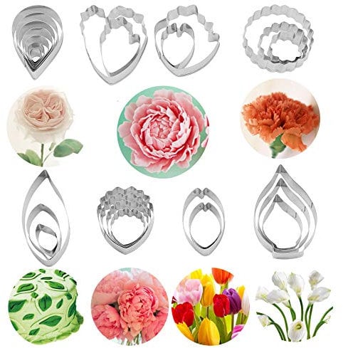 Blumen Fondant Ausstecher Set 26 Stück mit 4 Stück Ball,7 Verschiedene Blumen Rose/Pfingstrose/Nelke/Blätter/Kleine Pfingstrose/Tulpe/Kalla Tortendekoration Modellierwerkzeuge Kekse Werkzeug Set