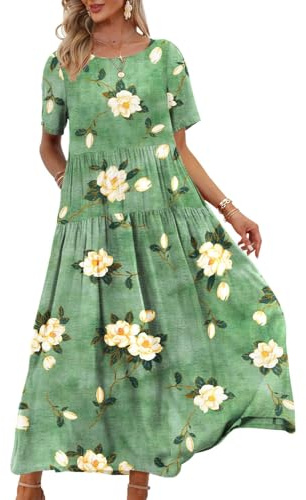 YESNO Women Dresses Casual Plus Size Bohemian Short Sleeve Floral Long Maxi Summer Beach Swing Dress/Pockets S EJFUK CR19