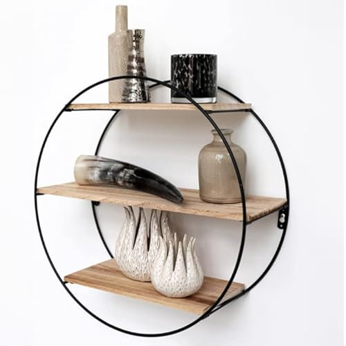 Vivol Metall Wandregal Schwarz mit Holzböden Rund 3 Holzböden - 50x19 cm - Hängend Metallregal - Wanddeko für Wohnzimmer, Schlafzimmer und kinderzimmer